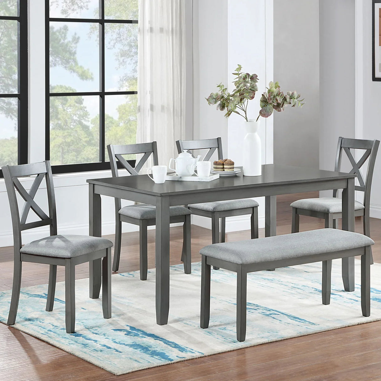 6 Pieces Kitchen Dining Set, Rectangular Wooden Dining Table With 4 Chairs And A Bench - Furniture Home Direct