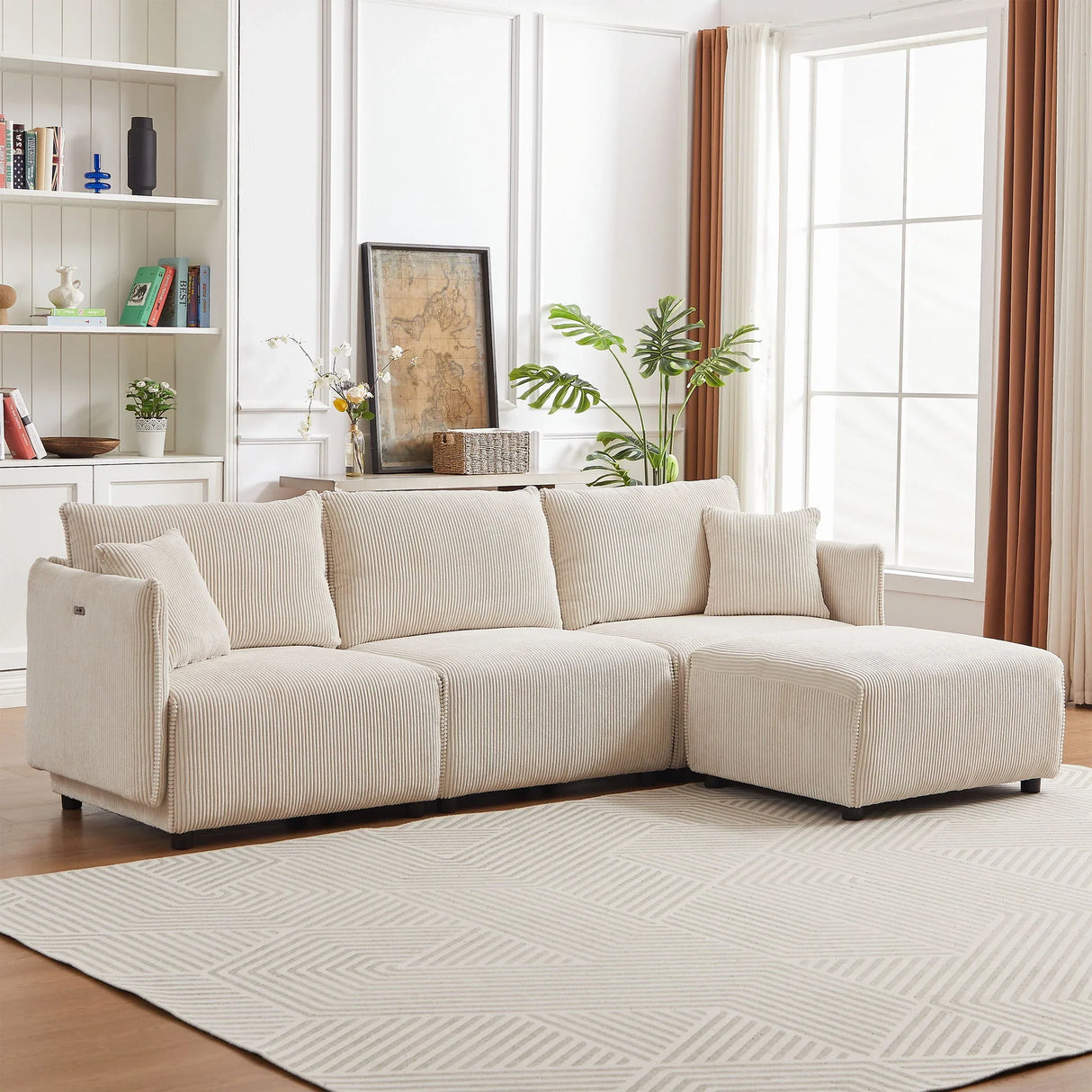 Modern Minimalist Corduroy Combination Sofa With 2 Comfort Cushions With USB & C Charging Ports - Furniture Home Direct
