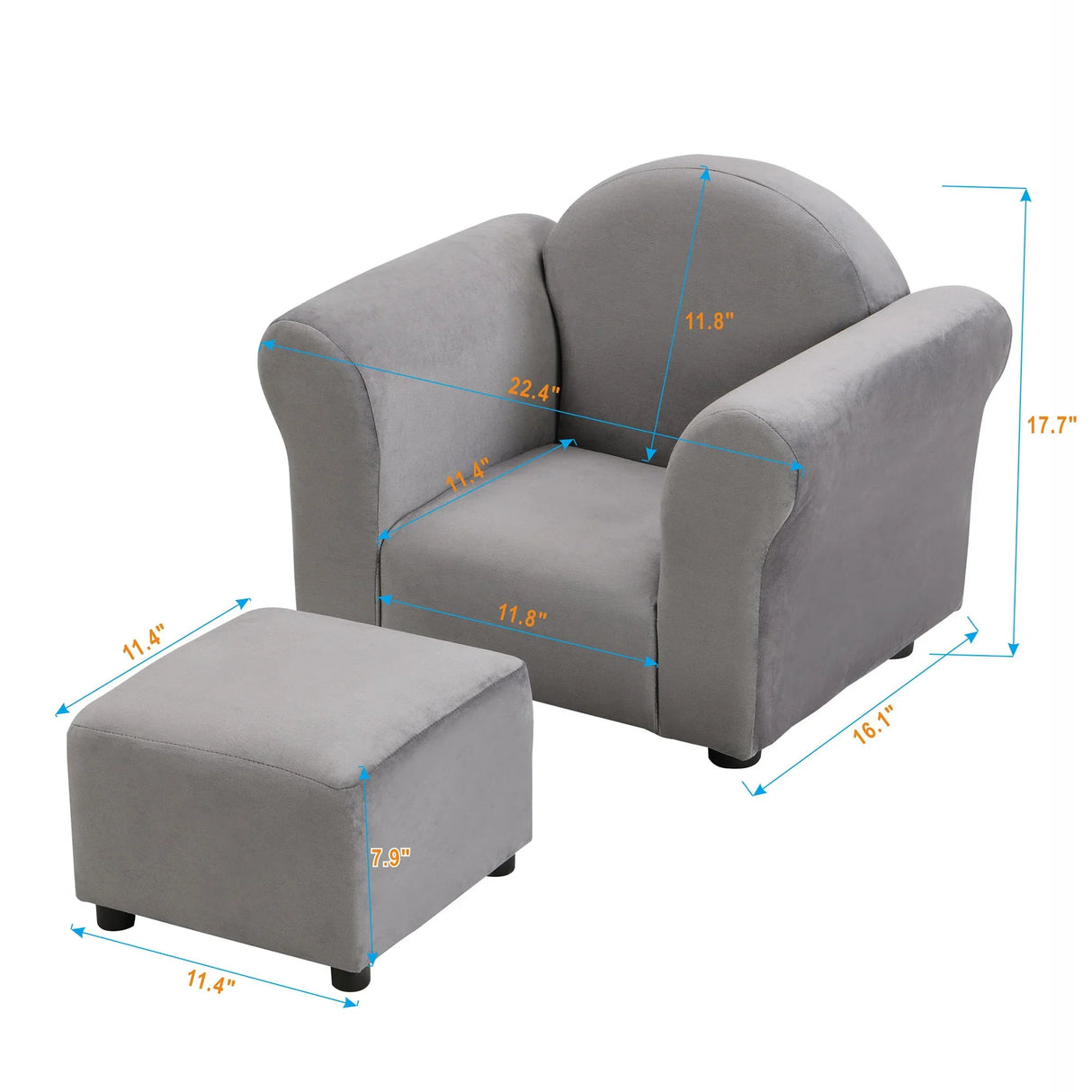 Kids Velvet Upholstered Chair With Ottoman For Comfortable Seating - Gray - Furniture Home Direct