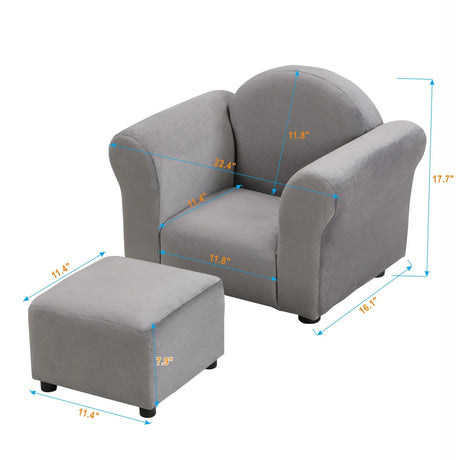 Kids Velvet Upholstered Chair With Ottoman For Comfortable Seating - Gray - Furniture Home Direct