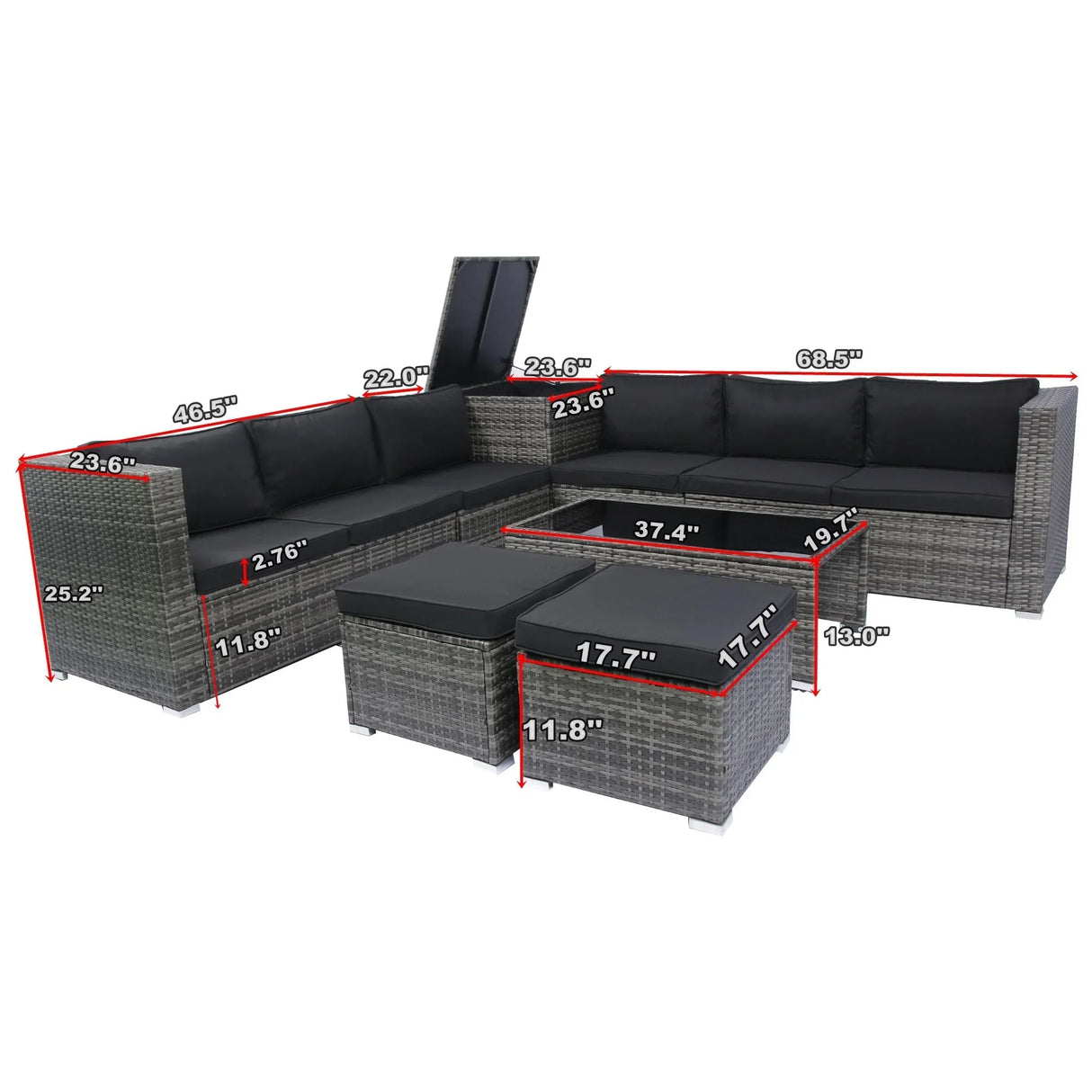 8 Piece Patio Sectional Wicker Rattan Outdoor Furniture Sof Set With One Storage Box Under Seat And Cushion Box - Gray / Black - Furniture Home Direct