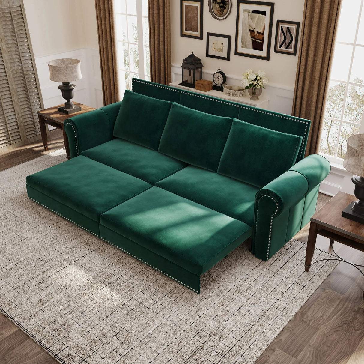 3 In 1 Convertible Sleeper Sofa With Nailhead Trim & Rolled Arm - Furniture Home Direct