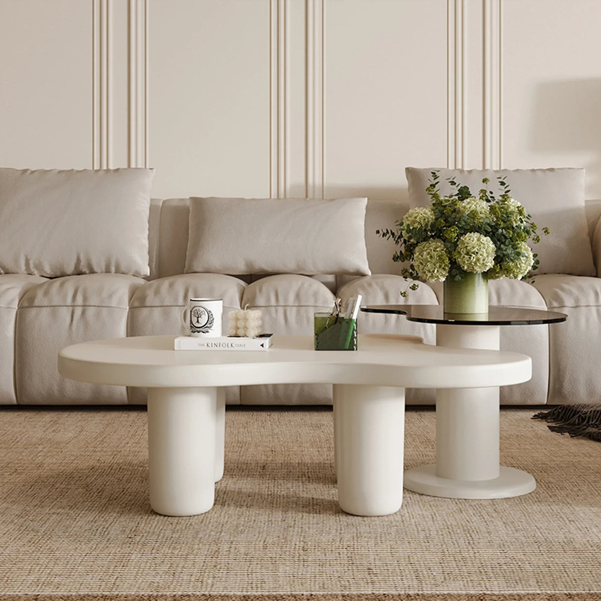 Nesting Coffee Tables Set Modern MDF Glass Two Tier Beige - Furniture Home Direct
