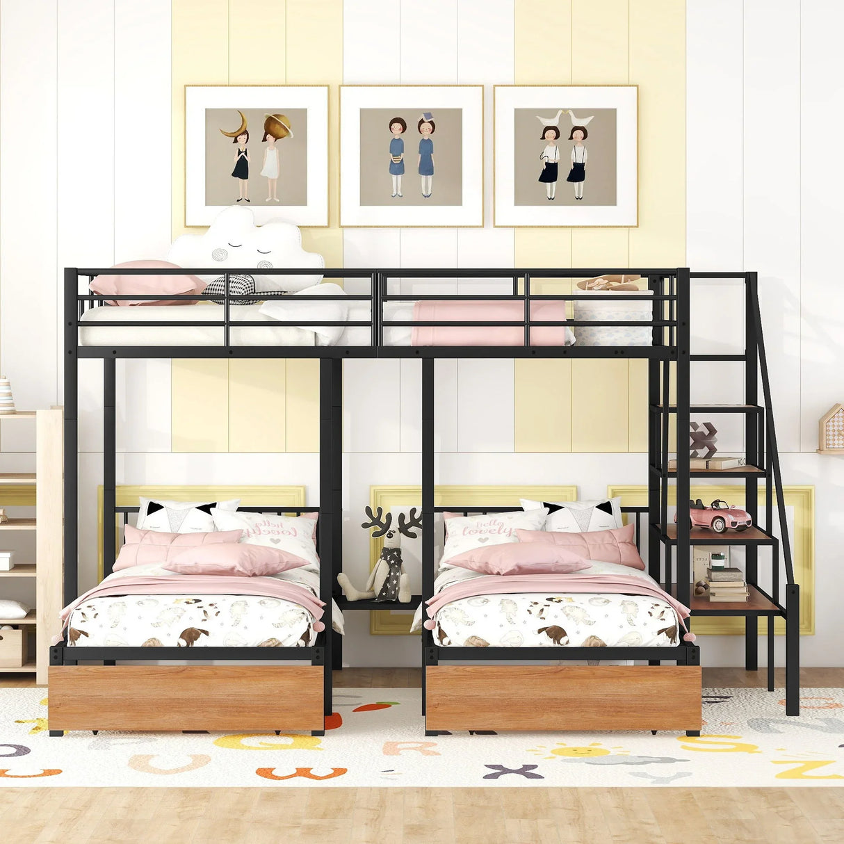 Full Over Twin-Twin Triple Bunk Bed With Drawers And Staircase - Black - Furniture Home Direct