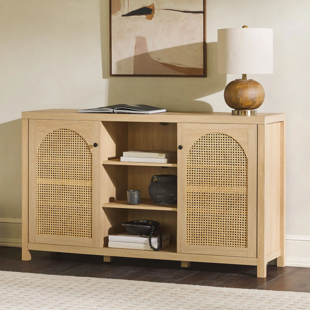 Transitional 2 Door Sideboard With Arched Rattan Panels - Furniture Home Direct