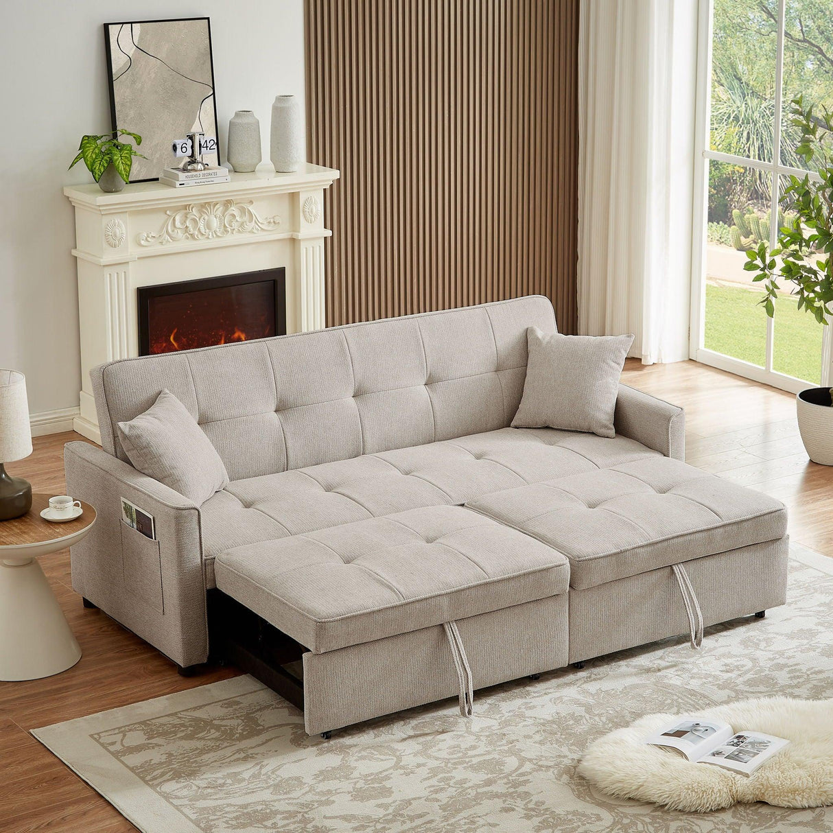 3 In 1 Convertible Sleeper Sofa Bed, Reclining Backrest, Pillows, Pockets - Furniture Home Direct