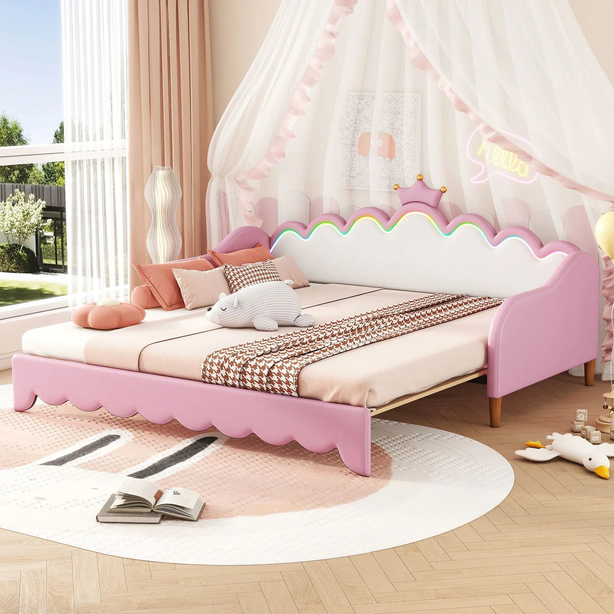 Extending Daybed With LED Lights, Modern Upholstered Princess Daybed With Crown Headboard - Furniture Home Direct