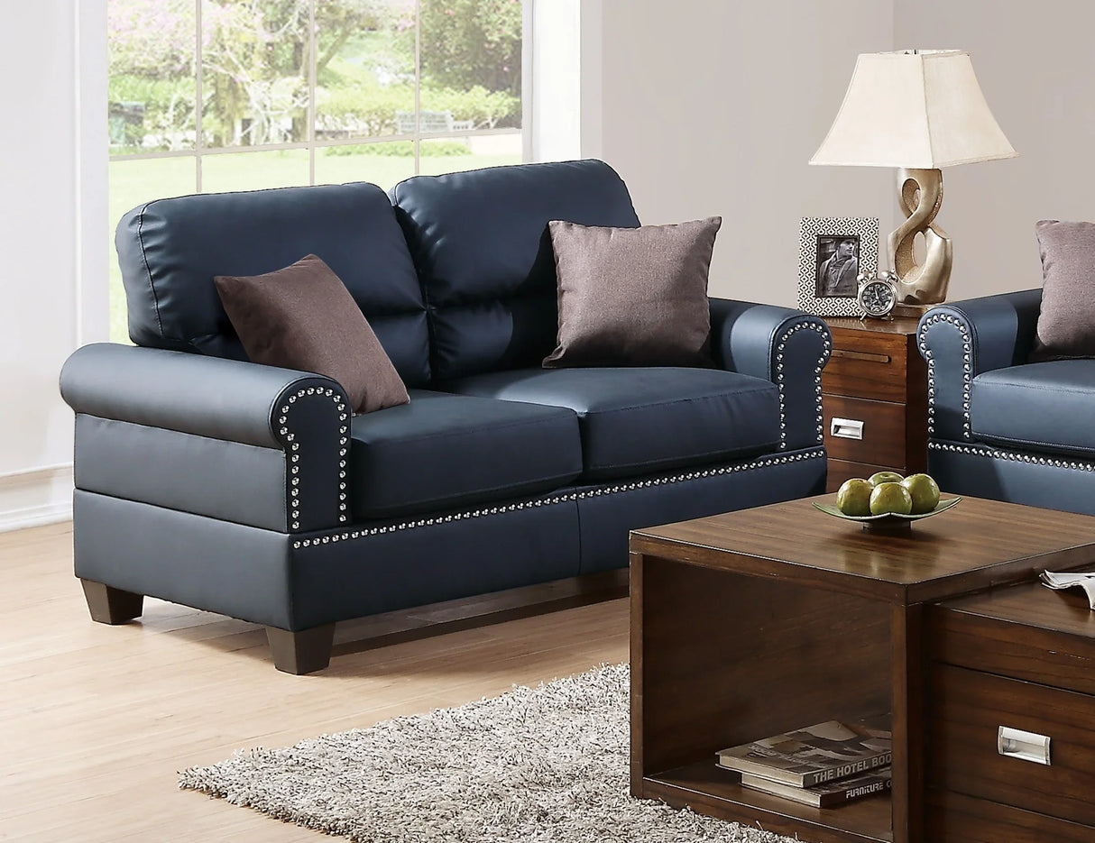 Black Bonded Leather 2 Piece living Room Set (Sofa and Love Seat) - Black - Furniture Home Direct