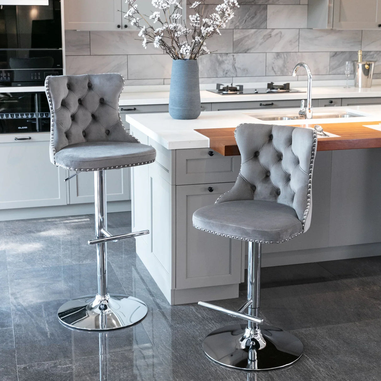 Counter Height Bar Stools Velvet Tufted Back Chrome Gray - Furniture Home Direct