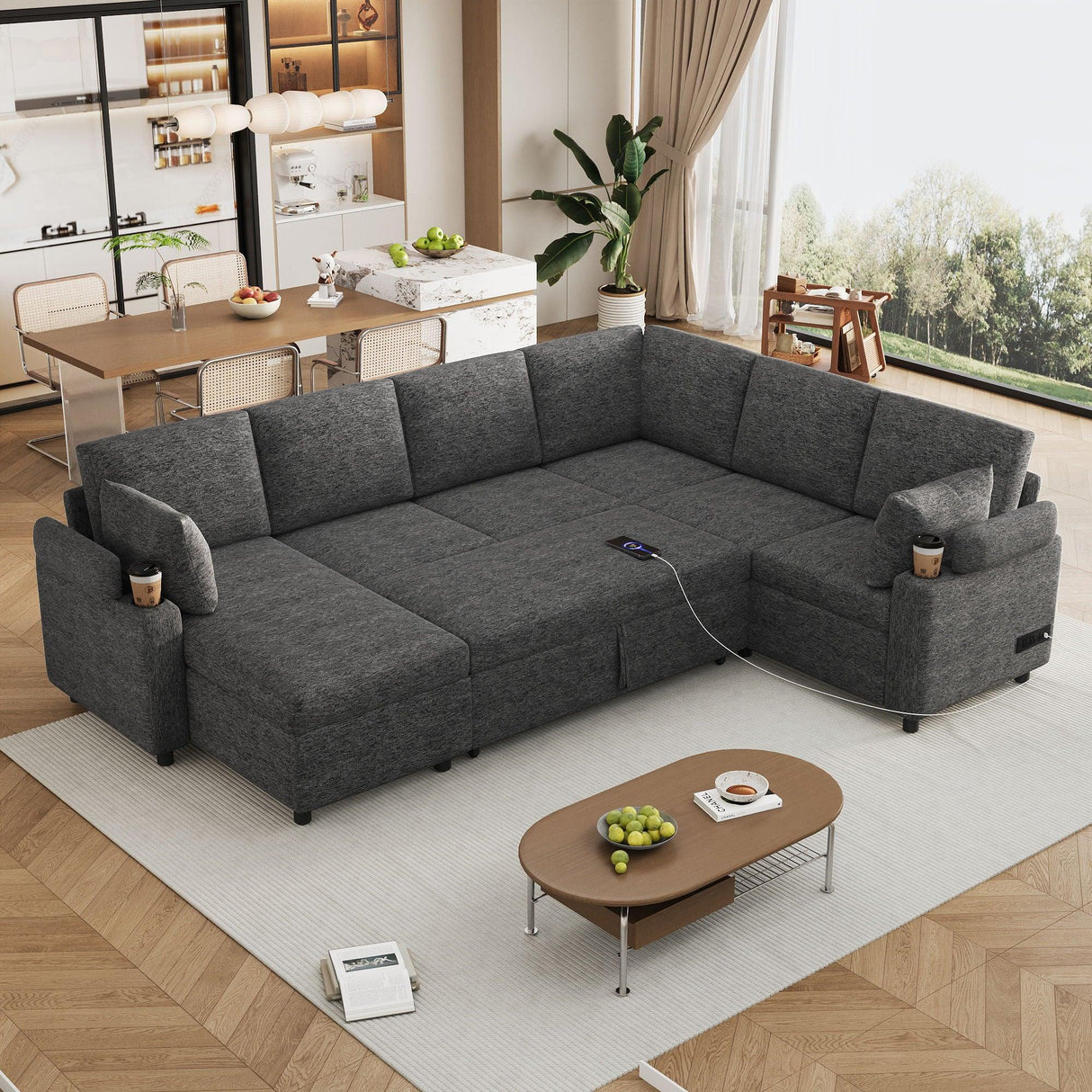 U-Shaped Sectional Sleeper Sofa With Ample Storage Space, 2 Cup Holders And Charging Ports For Living Room - Furniture Home Direct