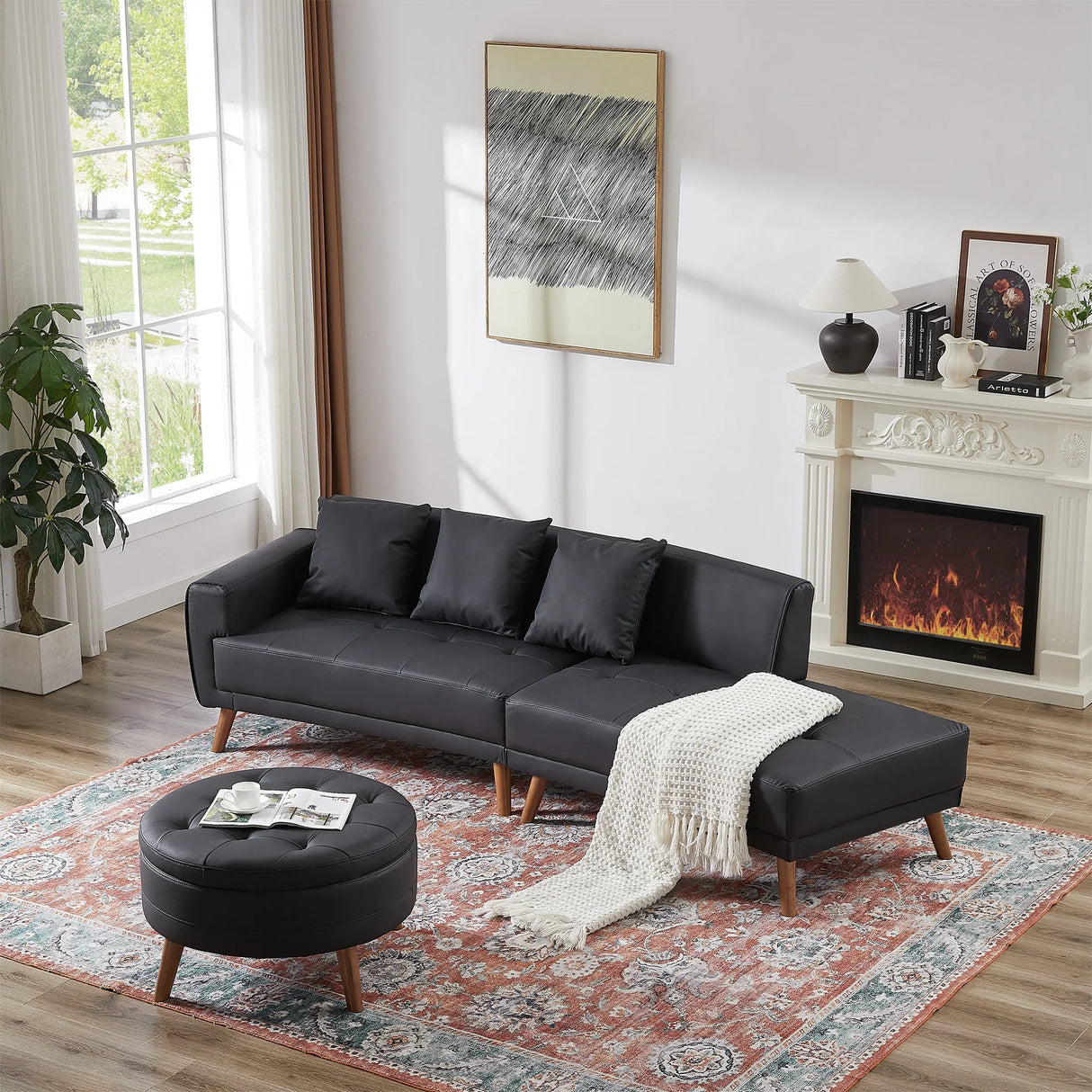 107 Inch Black Sectional With Round Storage Ottoman - Furniture Home Direct