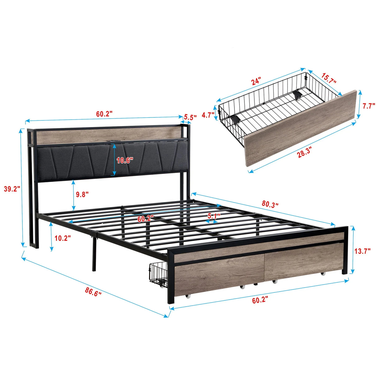 Modern Bed Frame With LED Lights, Upholstered Headboard, USB Charging - Furniture Home Direct