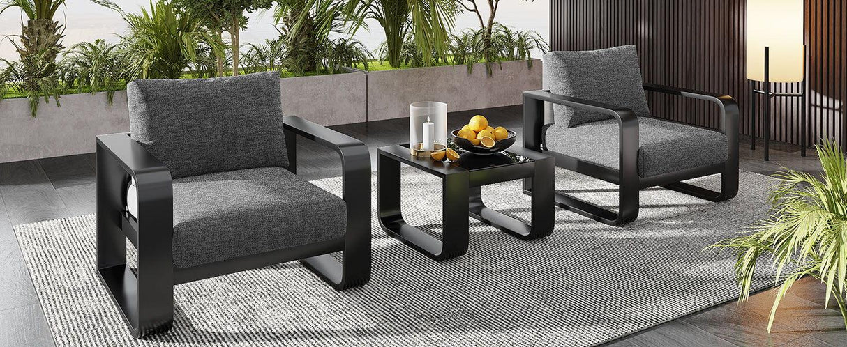 3 Piece Aluminum Frame Patio Furniture With 6.7" Thick Cushion And Coffee Table, All Weather Use Olefin Fabric Outdoor Chair - Gray / Black - Furniture Home Direct