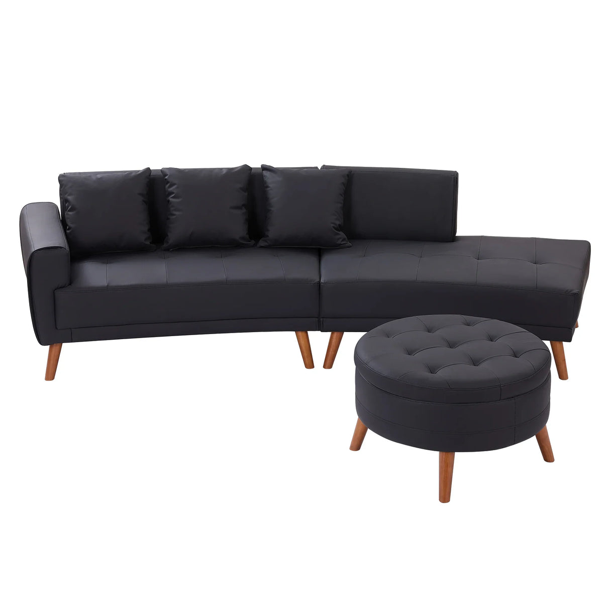 107 Inch Black Sectional With Round Storage Ottoman - Furniture Home Direct