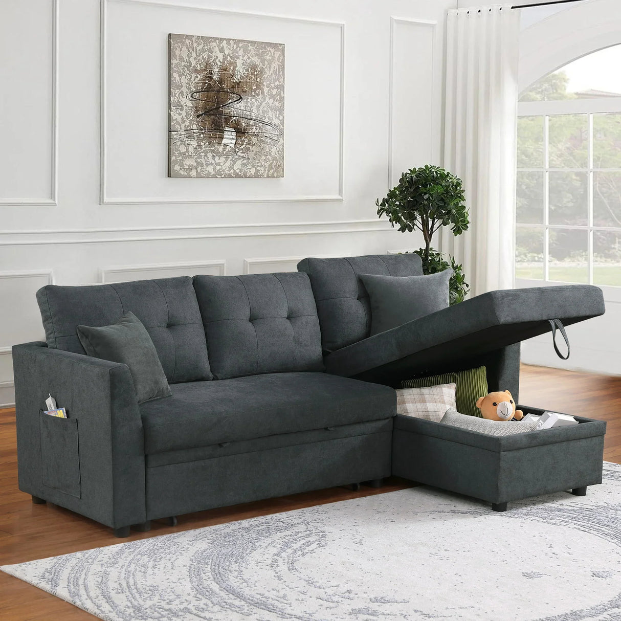 Sectional Sofa Bed L Shaped Sofa Couch Bed With USB Port, Reversible Chaise With Storage - Furniture Home Direct
