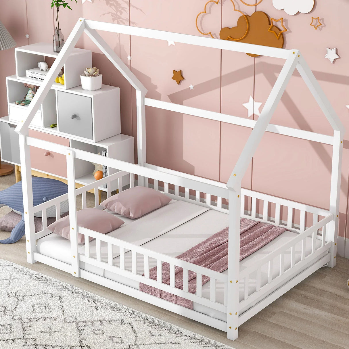 Floor Wooden Bed With House Roof Frame, Fence Guardrails - Furniture Home Direct