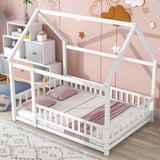 Floor Wooden Bed With House Roof Frame, Fence Guardrails - Furniture Home Direct