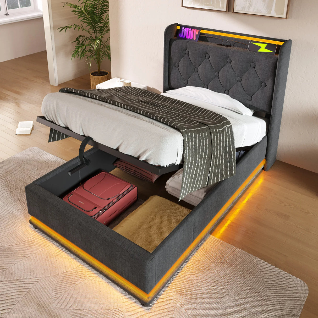 Twin Upholstered Bed 360 Surround LED Lighting USB C Gray - Furniture Home Direct