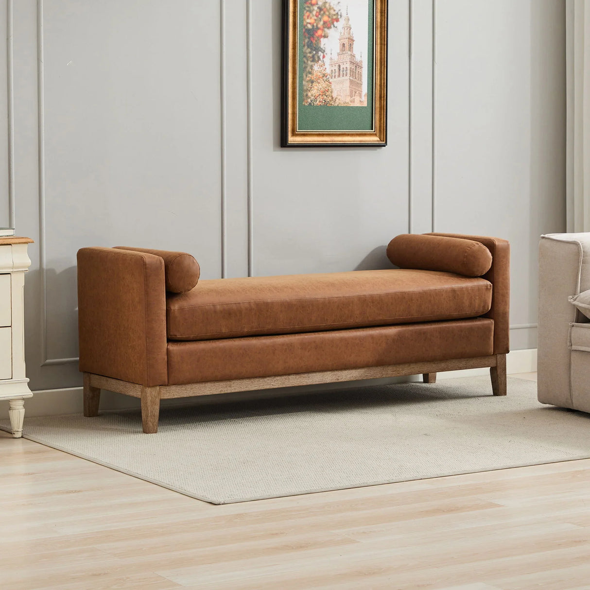 Elegant Upholstered Bench Daybed Ottoman With Bolster Pillows - Furniture Home Direct