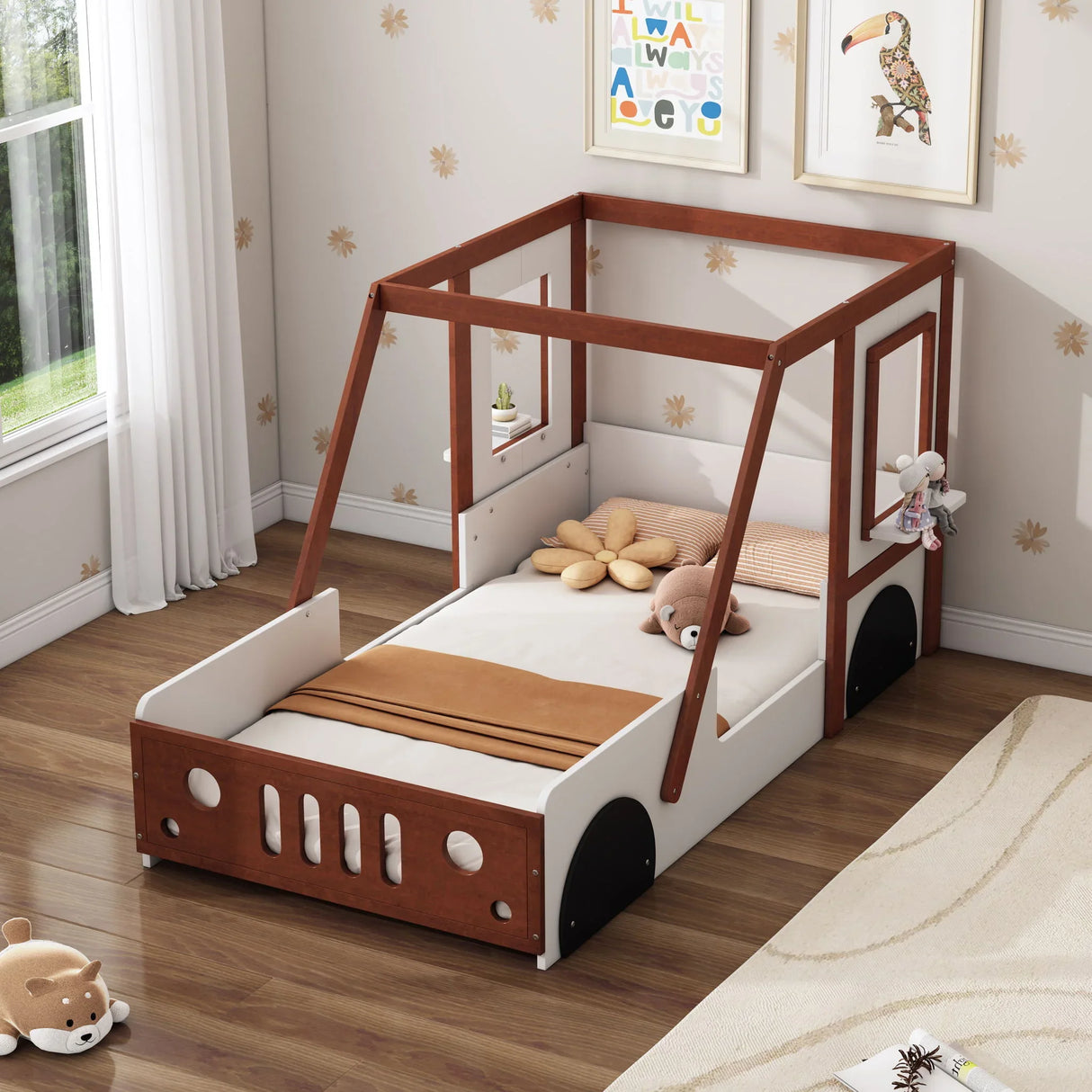 Fun Play Design Twin Size Car Bed, Kids Platform Bed In Car Shaped For Kids Boys Girls Teens - White / Orange - Furniture Home Direct