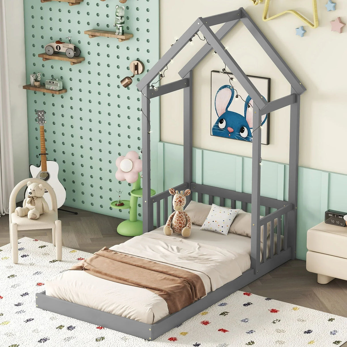 House-Shaped Roof Headboard Floor Bed, (Without Slats) - Furniture Home Direct