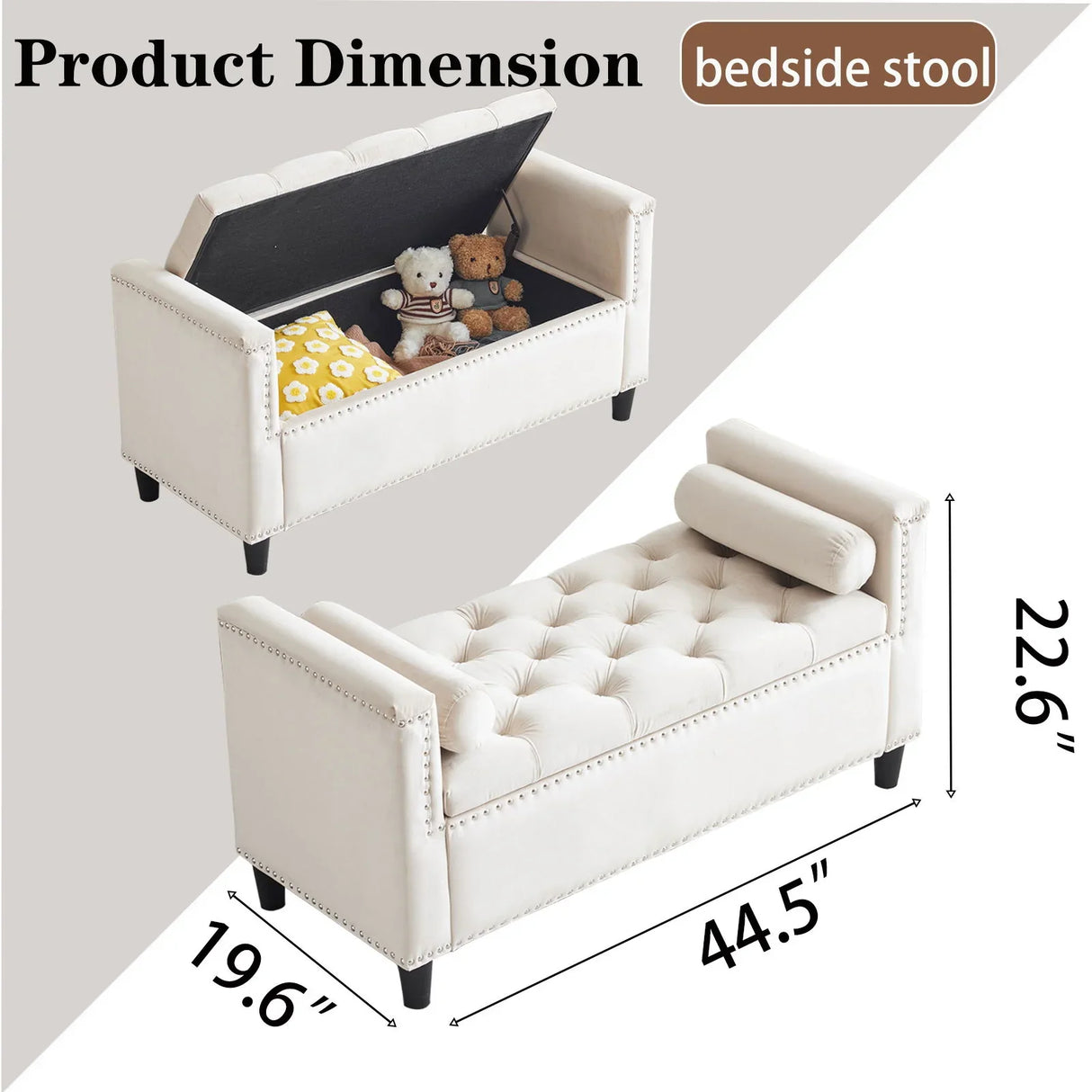 Queen Velvet Button Bedside Storage Bench With Armrests, Nailhead Trim - Furniture Home Direct