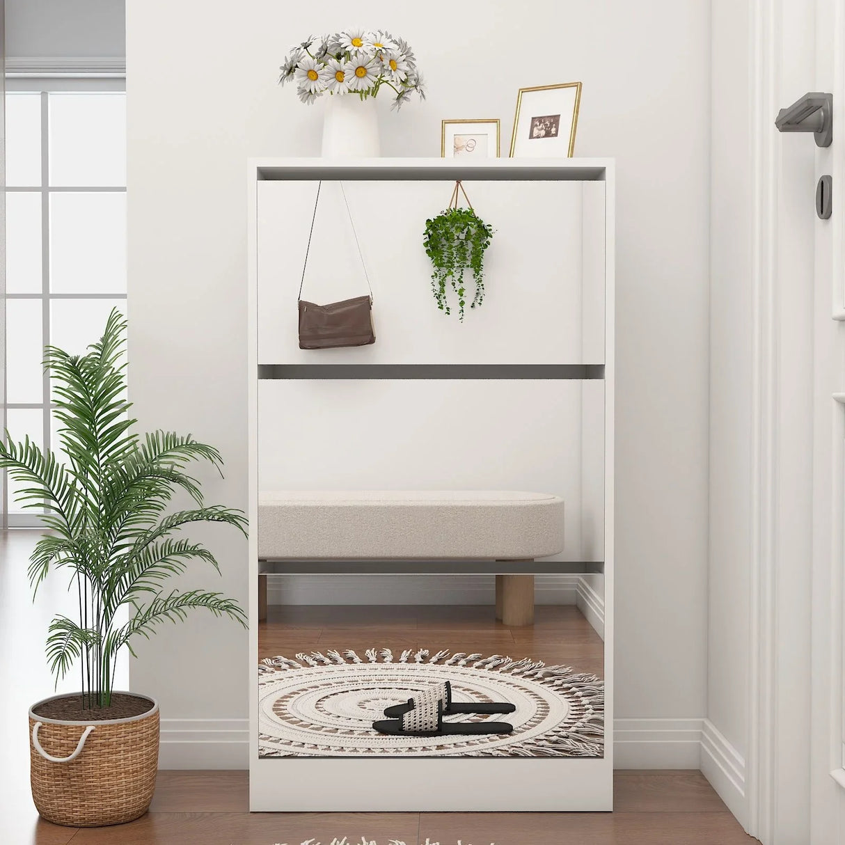 Narrow Shoe Storage Cabinet With Mirror, Wood Slim Shoe Rack 3 Tier Shoe Organizer For Home And Apartment - White - Furniture Home Direct