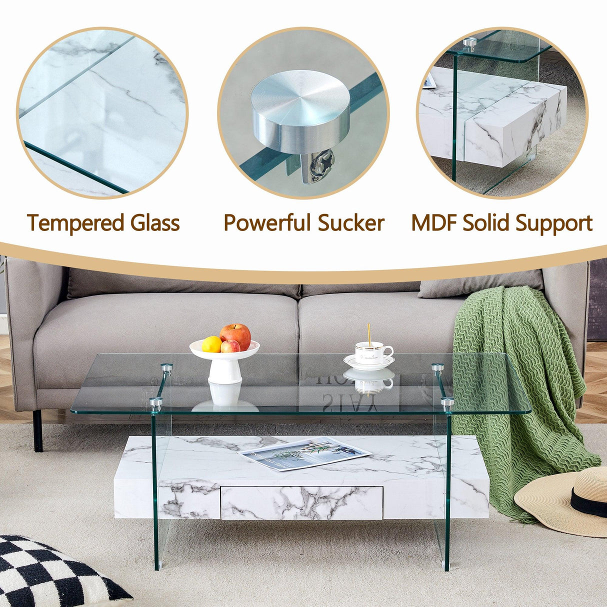 Coffee Table Glass Top Marble Base Modern Style White - Furniture Home Direct