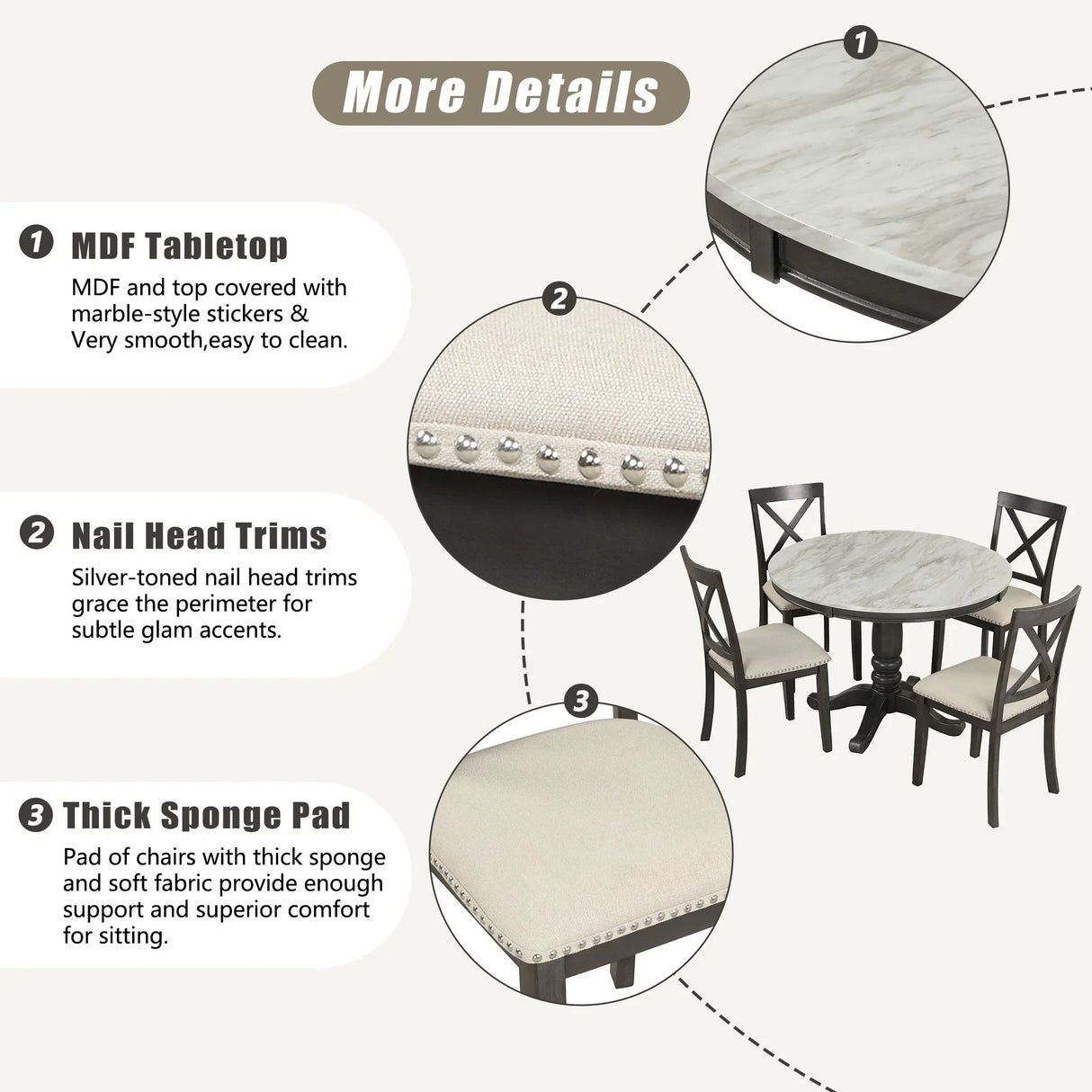 5 Pieces Dining Table And Chairs Set For 4 Persons, Kitchen Room Solid Wood Table With 4 Chairs - Furniture Home Direct