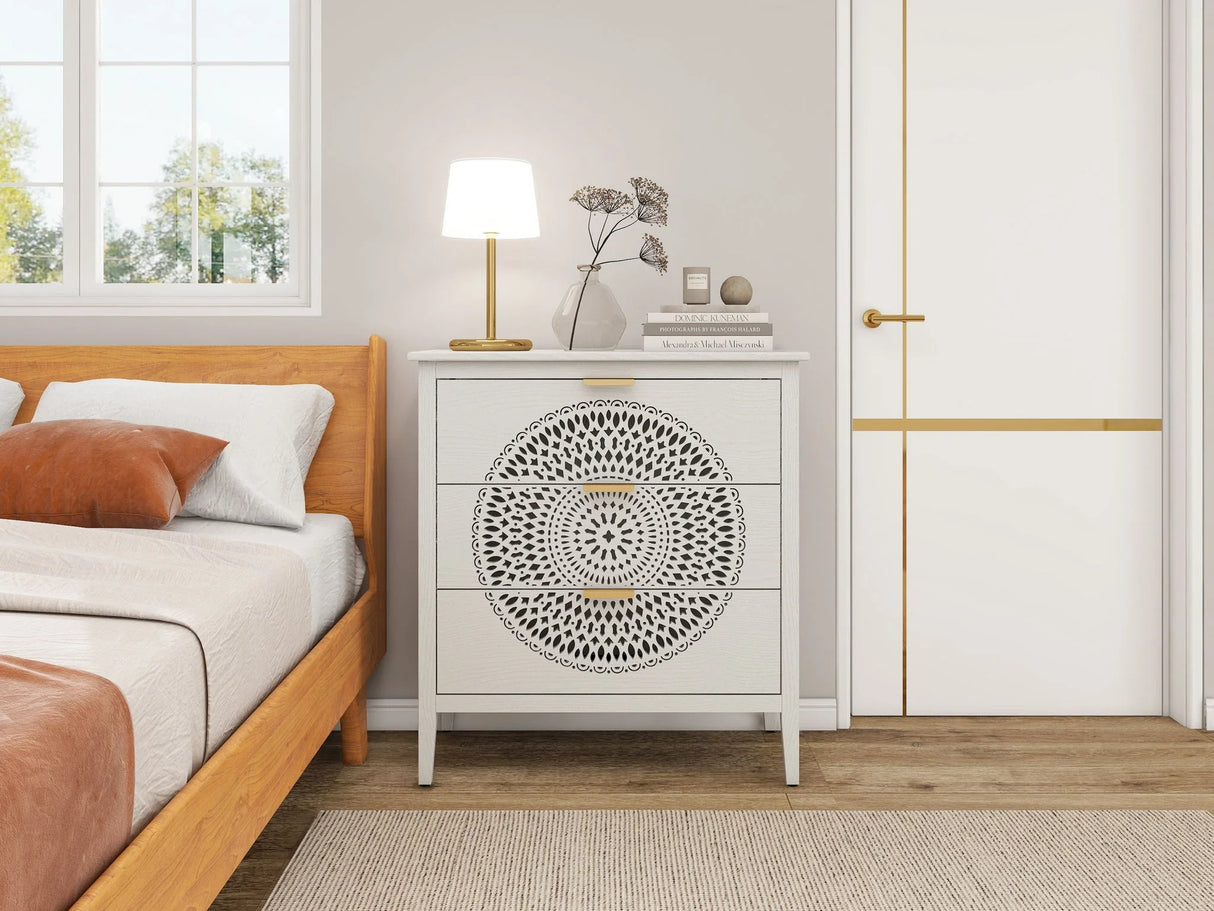 3 Drawer Cabinet With Hollow Carved 3 Drawer Dresser Storage Chest With Metal Handles For Entryway Living Room Bedroom - Beige - Furniture Home Direct