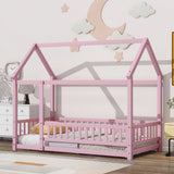 Floor Wooden Bed With House Roof Frame, Fence Guardrails - Furniture Home Direct