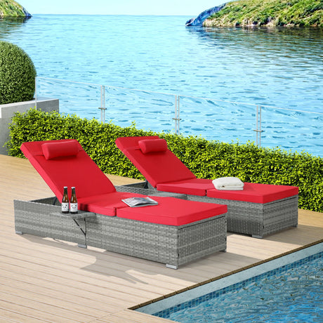 Chaise Lounge Outdoor Set Of 2 Cushioned Rattan Red - Furniture Home Direct