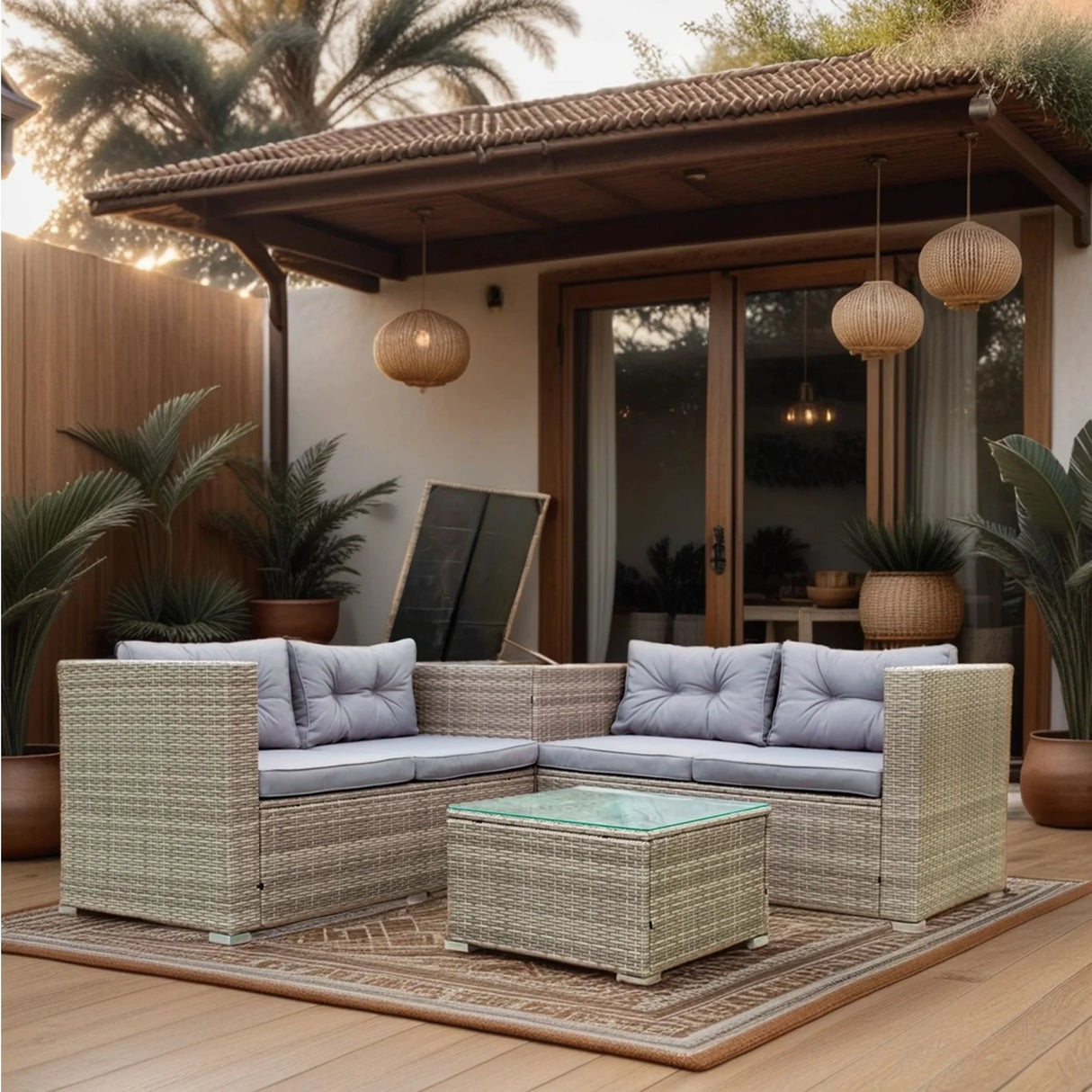 4 Piece Patio Sectional Wicker Rattan Outdoor Furniture Sofa Set With Storage Box - Furniture Home Direct