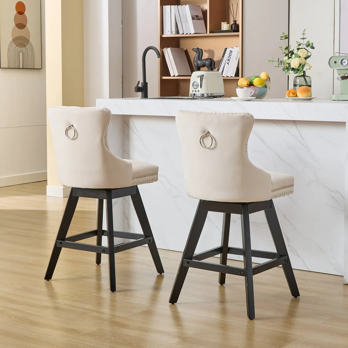 Bar Stools Counter Height Velvet Upholstered Set of 2 Beige - Furniture Home Direct