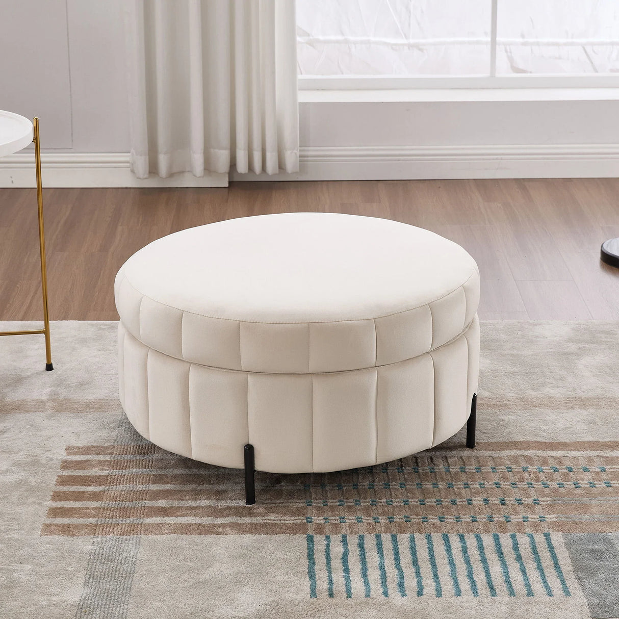 Upholstered Round Ottoman With Reversible Lid, Channel Tufted Pumpkin Shape - Furniture Home Direct