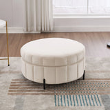Upholstered Round Ottoman With Reversible Lid, Channel Tufted Pumpkin Shape - Furniture Home Direct
