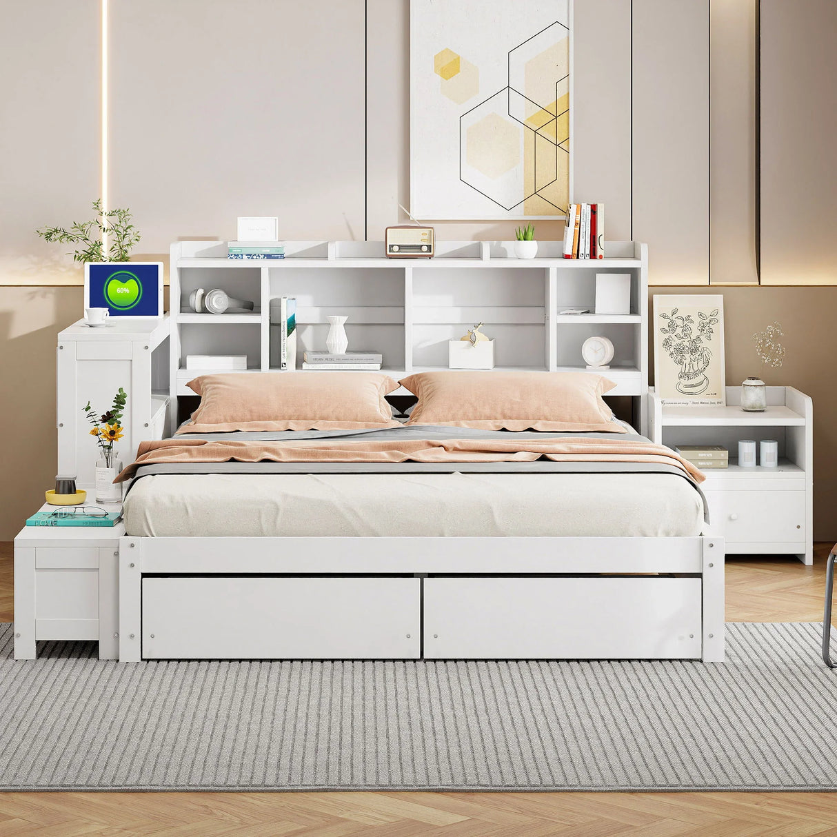 Platform Bed With Multi Functional Storage Space, Nightstand, 2 Drawers, USB Ports And Desk - Furniture Home Direct