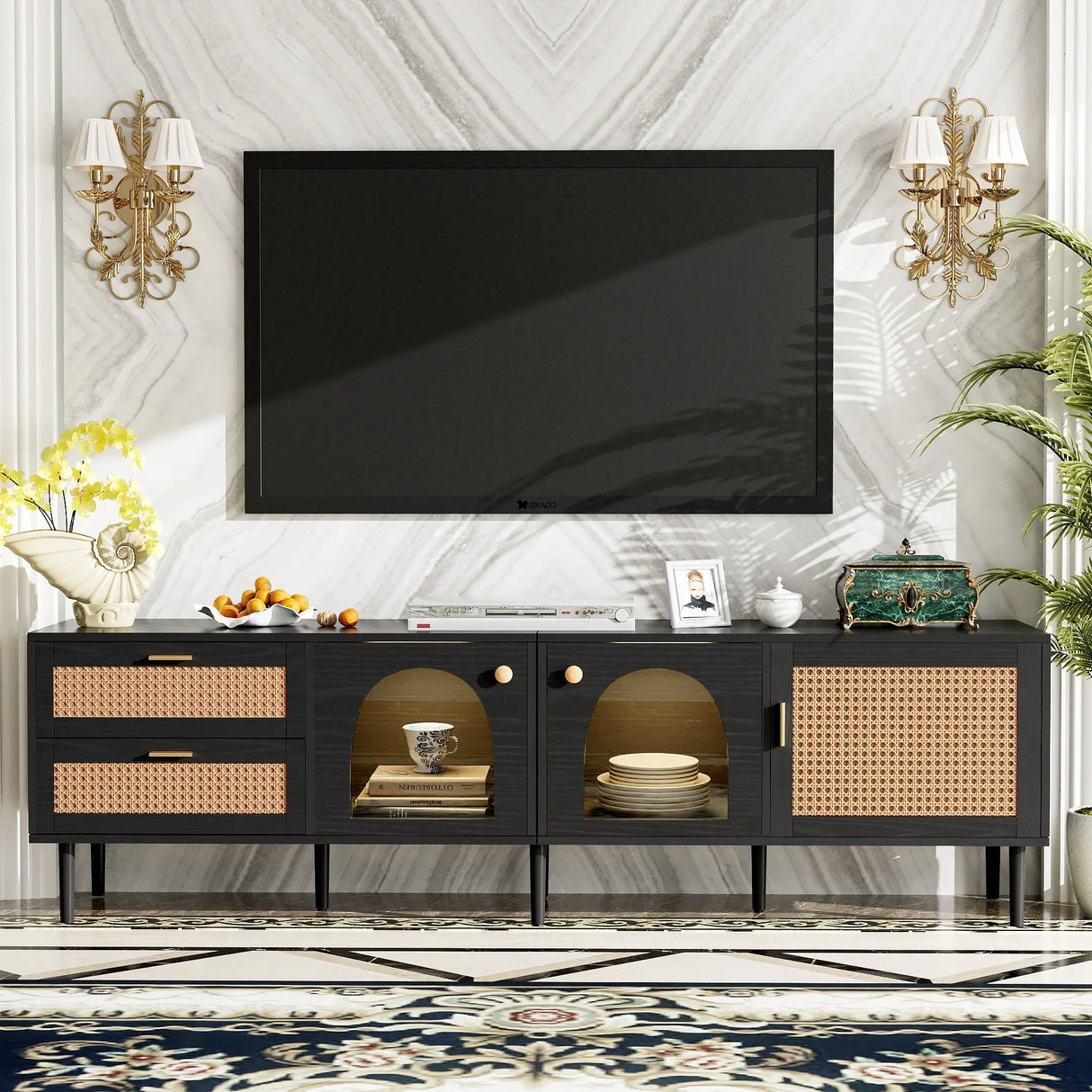 Rattan TV Stand With 3 Cabinets & 2 Drawers, Rattan-Inspired Media Console Table For Tvs Up To 80'', LED Light Entertainment Center, TV Cabinet For Living Room - Black - Furniture Home Direct