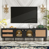 Rattan TV Stand With 3 Cabinets & 2 Drawers, Rattan-Inspired Media Console Table For Tvs Up To 80'', LED Light Entertainment Center, TV Cabinet For Living Room - Black - Furniture Home Direct