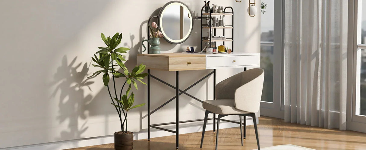 Makeup Vanity Desk With 3-Mode Lighted Mirror & Wireless Charging Station, Vanity Table With Drawer & 3 Open Shelves For Ample Storage Space, Dressing Table For Bedroom - Furniture Home Direct
