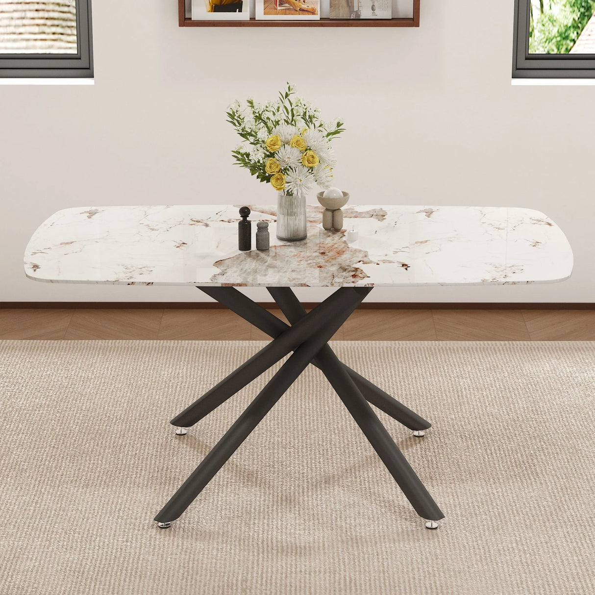 Luxurious Marble Patterned Dining Table With Metal Fork Legs - Furniture Home Direct