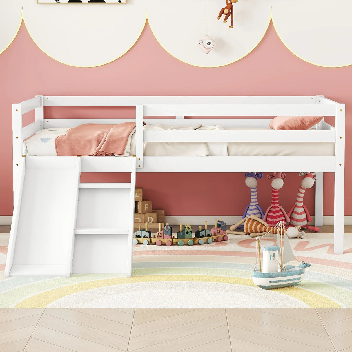 Low Loft Bed With Slide, Ladder, Safety Guardrails, No Box Spring Needed - Furniture Home Direct