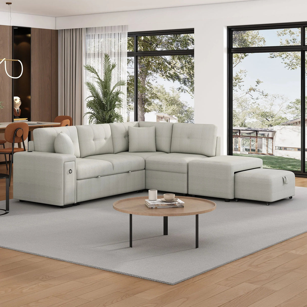 Sectional Sofa L-Shaped Sofa Couch Pull-Out Sofa Bed With A Movable Ottoman, Two USB Ports And Two Cup Holders For Living Room - Furniture Home Direct