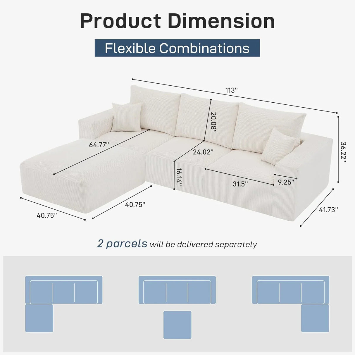 Modular Sectional Sofa With Ottoman, USB And Type C Charger, Petal Armrest Design - Furniture Home Direct