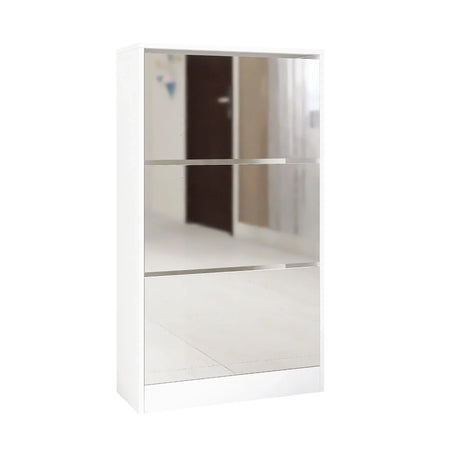 Narrow Shoe Storage Cabinet With Mirror, Wood Slim Shoe Rack 3 Tier Shoe Organizer For Home And Apartment - White - Furniture Home Direct