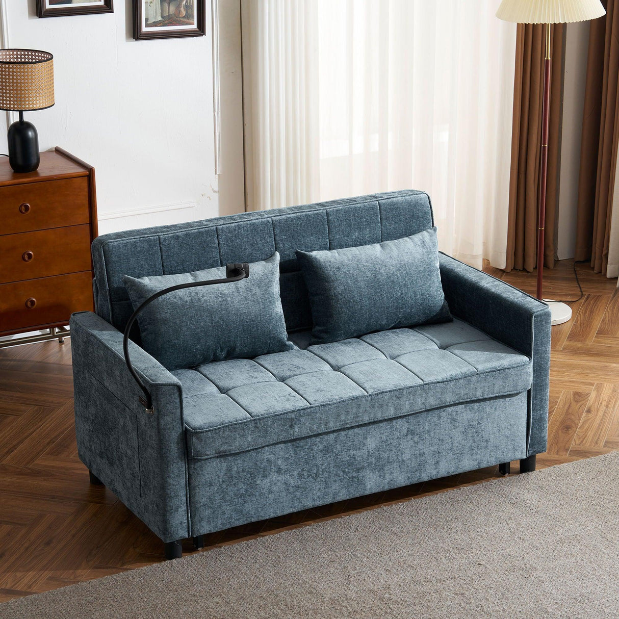 Pull-Out Sleeper Sofa With Reversible Backrest Cushion, Side Pockets, 2 USB Ports And A Phone Holder For Living Room - Furniture Home Direct
