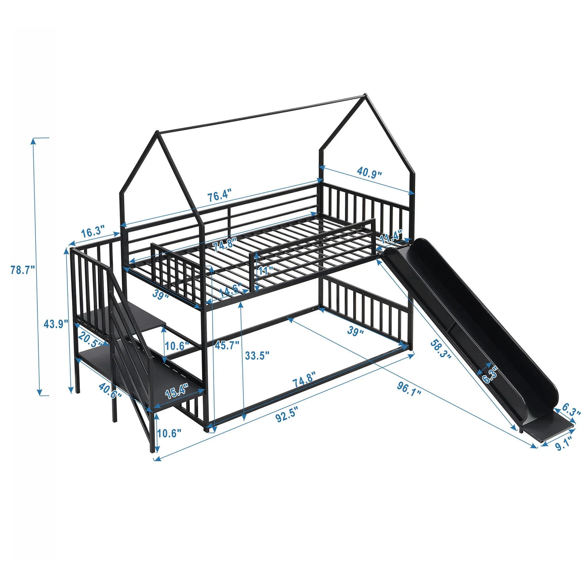 Twin Over Twin Metal Bunk Bed House Bed With Slide And Staircase - Furniture Home Direct
