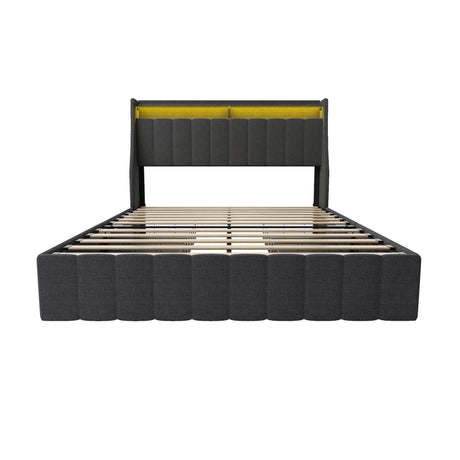 Bed With LED Lights, 4 Drawers, Winged Headboard Upholstered - Furniture Home Direct