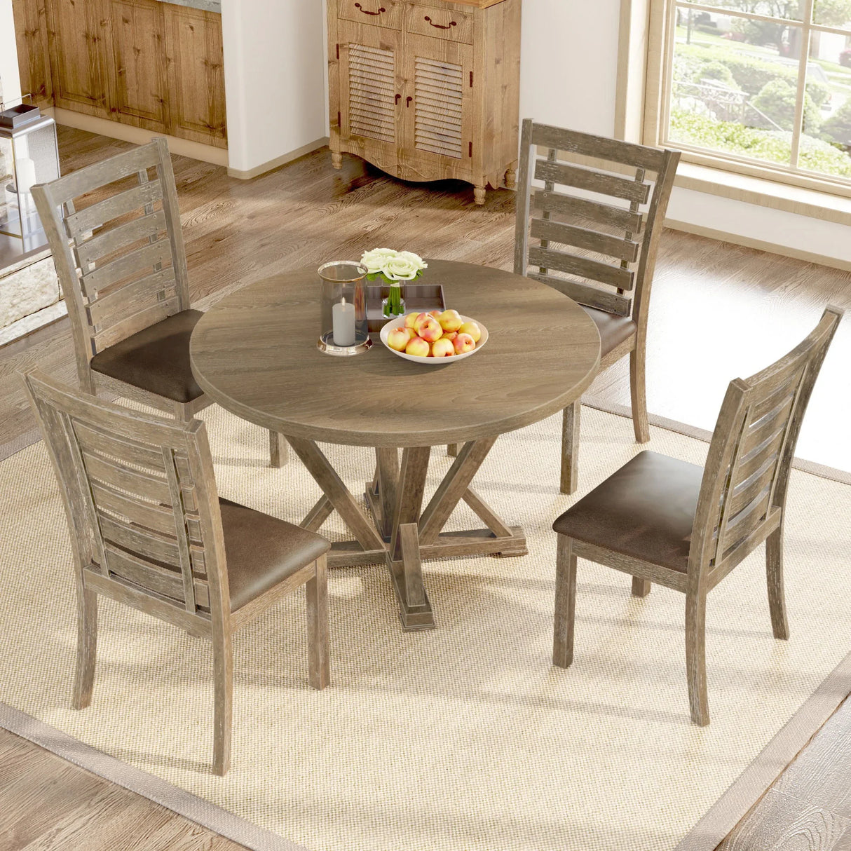 5 Pieces Table Set Round Dining Table Solid Wood Modern Farmhouse Rustic Look Distressed Look - Grayish Brown - Furniture Home Direct