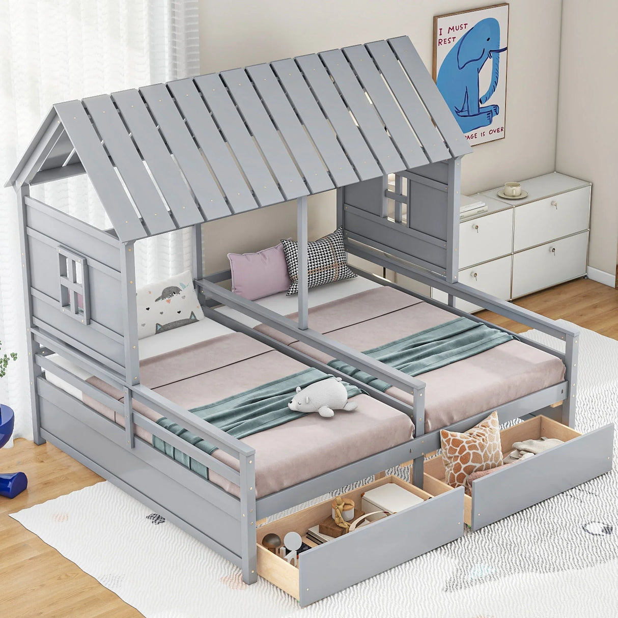 Twin Size House Platform Beds With 2 Drawers For Shared Use - Gray - Furniture Home Direct